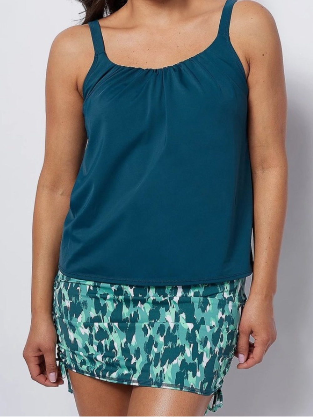 Two Piece Zuda Modest Swimsuit Teal and Abstract Print Ruched Skirt